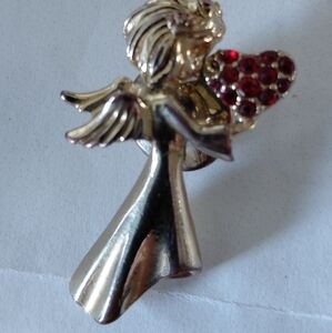 Vintage Avon Gold Angel Brooch with Red Heart Rhinestone